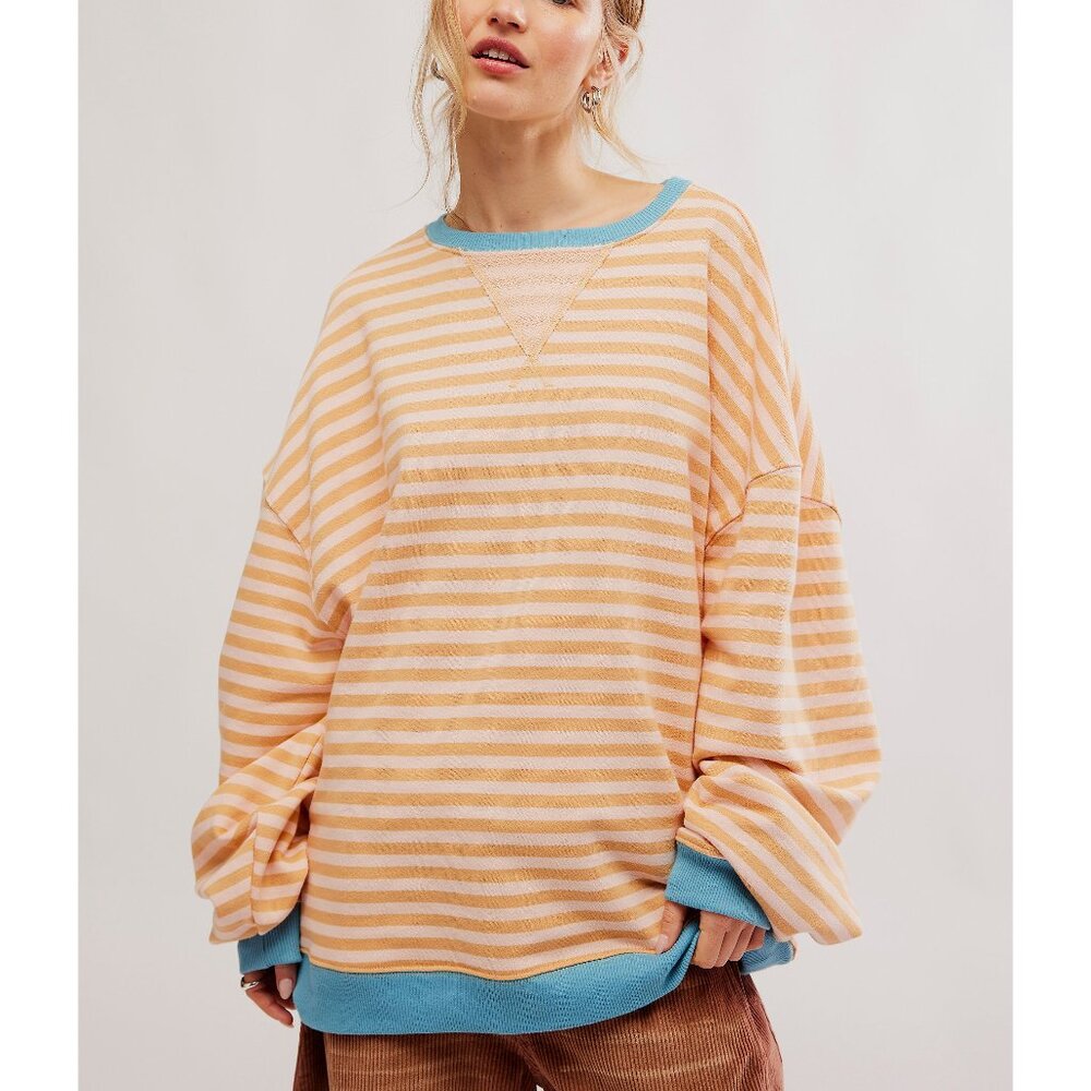 FREE PEOPLE Classic Striped Oversized Crewneck / Latte Combo